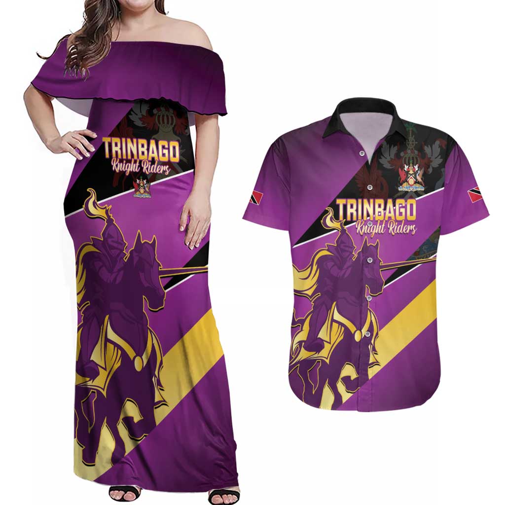 Custom Trinidad and Tobago Cricket Couples Matching Off Shoulder Maxi Dress and Hawaiian Shirt Come On Knight Riders Purple Version
