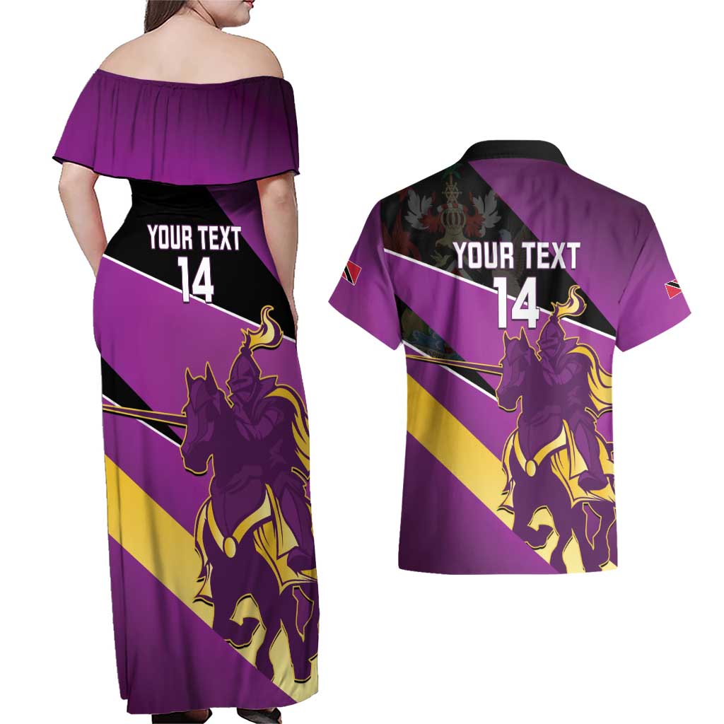Custom Trinidad and Tobago Cricket Couples Matching Off Shoulder Maxi Dress and Hawaiian Shirt Come On Knight Riders Purple Version