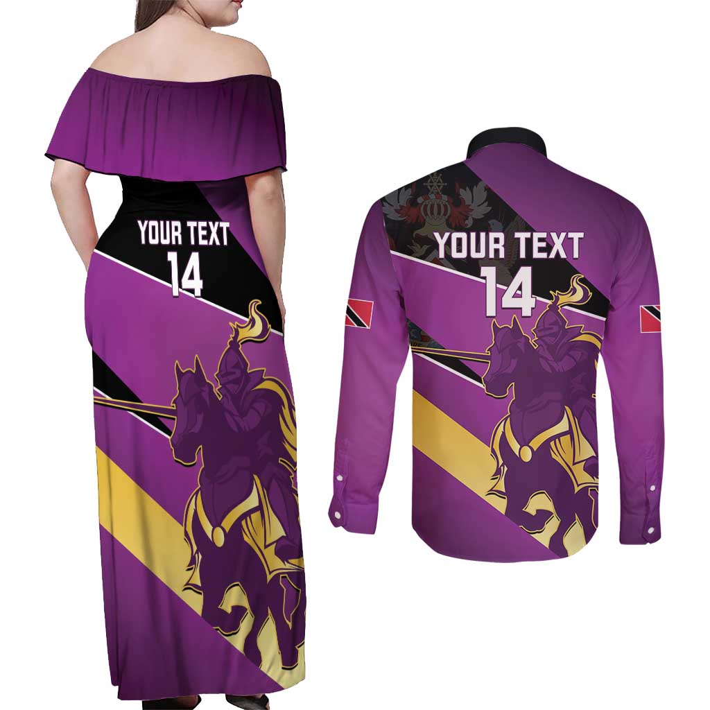Custom Trinidad and Tobago Cricket Couples Matching Off Shoulder Maxi Dress and Long Sleeve Button Shirt Come On Knight Riders Purple Version
