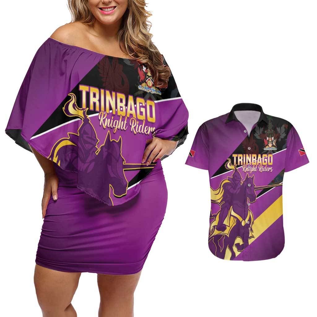 Custom Trinidad and Tobago Cricket Couples Matching Off Shoulder Short Dress and Hawaiian Shirt Come On Knight Riders Purple Version