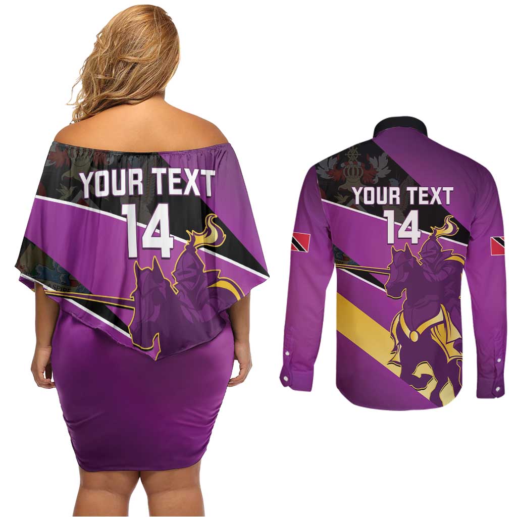 Custom Trinidad and Tobago Cricket Couples Matching Off Shoulder Short Dress and Long Sleeve Button Shirt Come On Knight Riders Purple Version