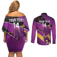 Custom Trinidad and Tobago Cricket Couples Matching Off Shoulder Short Dress and Long Sleeve Button Shirt Come On Knight Riders Purple Version