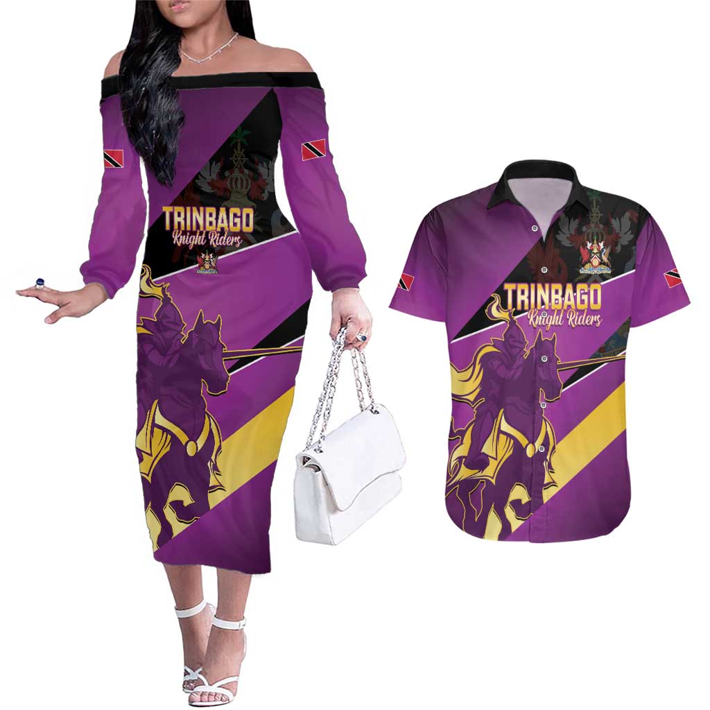 Custom Trinidad and Tobago Cricket Couples Matching Off The Shoulder Long Sleeve Dress and Hawaiian Shirt Come On Knight Riders Purple Version