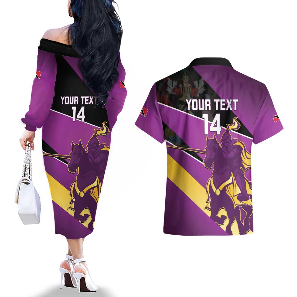 Custom Trinidad and Tobago Cricket Couples Matching Off The Shoulder Long Sleeve Dress and Hawaiian Shirt Come On Knight Riders Purple Version