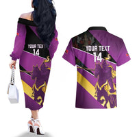Custom Trinidad and Tobago Cricket Couples Matching Off The Shoulder Long Sleeve Dress and Hawaiian Shirt Come On Knight Riders Purple Version