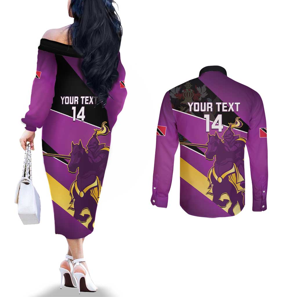 Custom Trinidad and Tobago Cricket Couples Matching Off The Shoulder Long Sleeve Dress and Long Sleeve Button Shirt Come On Knight Riders Purple Version