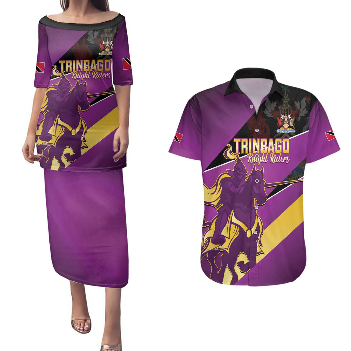 Custom Trinidad and Tobago Cricket Couples Matching Puletasi and Hawaiian Shirt Come On Knight Riders Purple Version