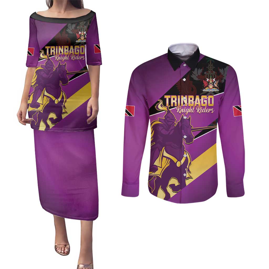 Custom Trinidad and Tobago Cricket Couples Matching Puletasi and Long Sleeve Button Shirt Come On Knight Riders Purple Version