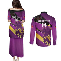 Custom Trinidad and Tobago Cricket Couples Matching Puletasi and Long Sleeve Button Shirt Come On Knight Riders Purple Version