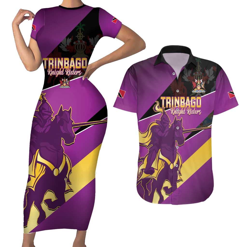 Custom Trinidad and Tobago Cricket Couples Matching Short Sleeve Bodycon Dress and Hawaiian Shirt Come On Knight Riders Purple Version