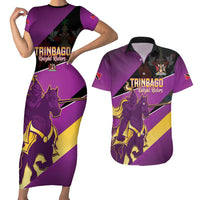 Custom Trinidad and Tobago Cricket Couples Matching Short Sleeve Bodycon Dress and Hawaiian Shirt Come On Knight Riders Purple Version