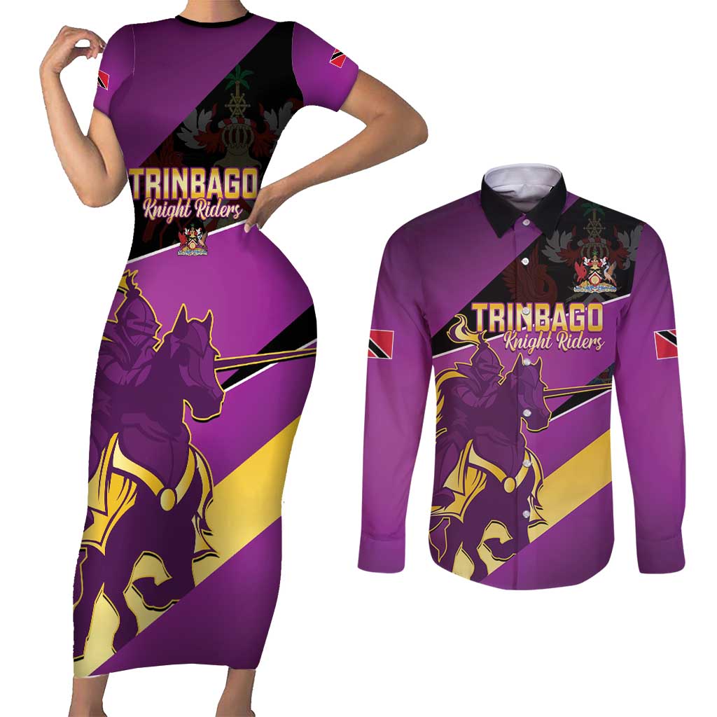 Custom Trinidad and Tobago Cricket Couples Matching Short Sleeve Bodycon Dress and Long Sleeve Button Shirt Come On Knight Riders Purple Version