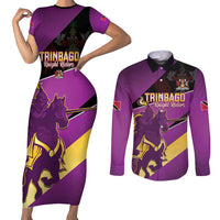 Custom Trinidad and Tobago Cricket Couples Matching Short Sleeve Bodycon Dress and Long Sleeve Button Shirt Come On Knight Riders Purple Version