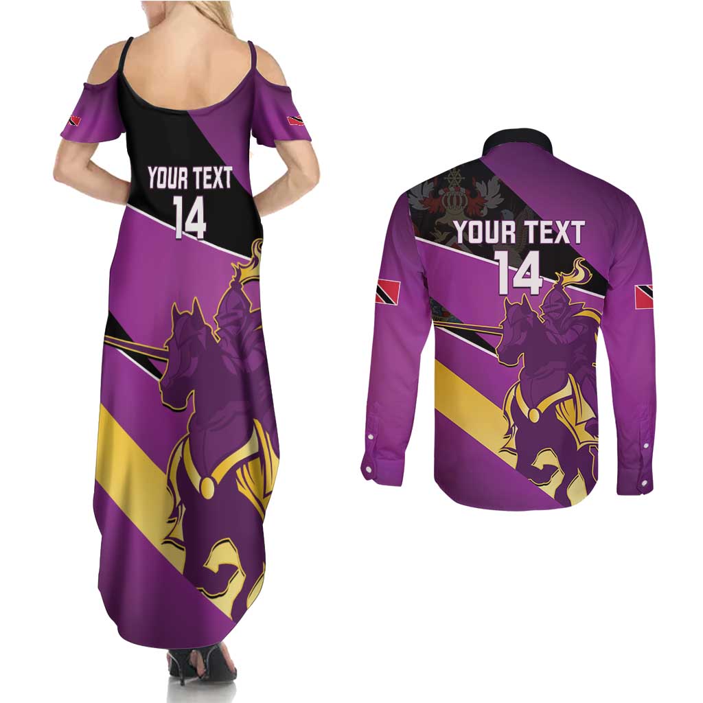 Custom Trinidad and Tobago Cricket Couples Matching Summer Maxi Dress and Long Sleeve Button Shirt Come On Knight Riders Purple Version