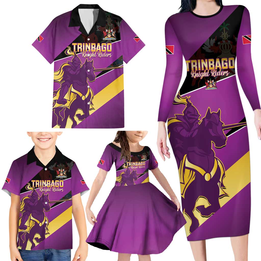 Custom Trinidad and Tobago Cricket Family Matching Long Sleeve Bodycon Dress and Hawaiian Shirt Come On Knight Riders Purple Version