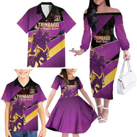 Custom Trinidad and Tobago Cricket Family Matching Off The Shoulder Long Sleeve Dress and Hawaiian Shirt Come On Knight Riders Purple Version