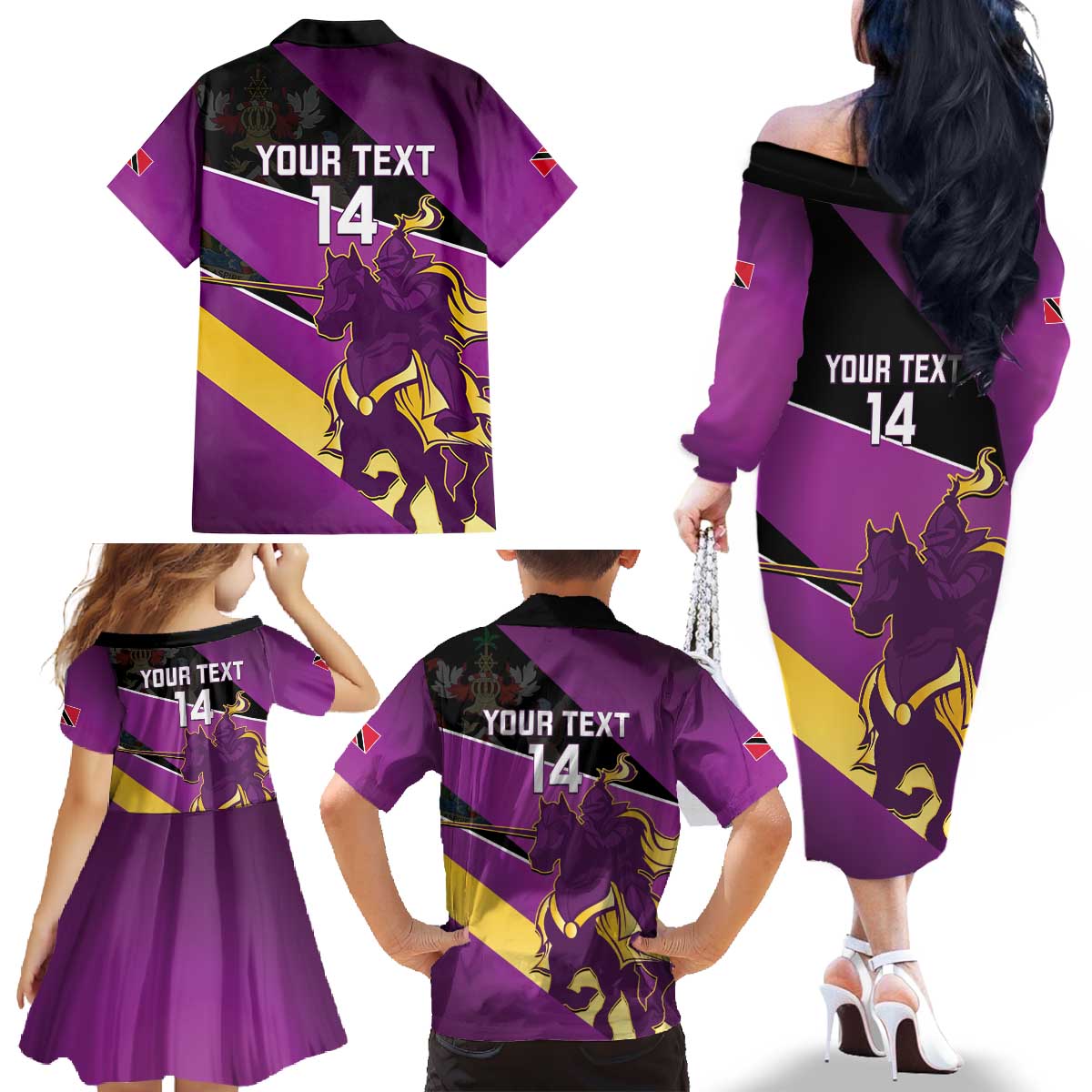 Custom Trinidad and Tobago Cricket Family Matching Off The Shoulder Long Sleeve Dress and Hawaiian Shirt Come On Knight Riders Purple Version