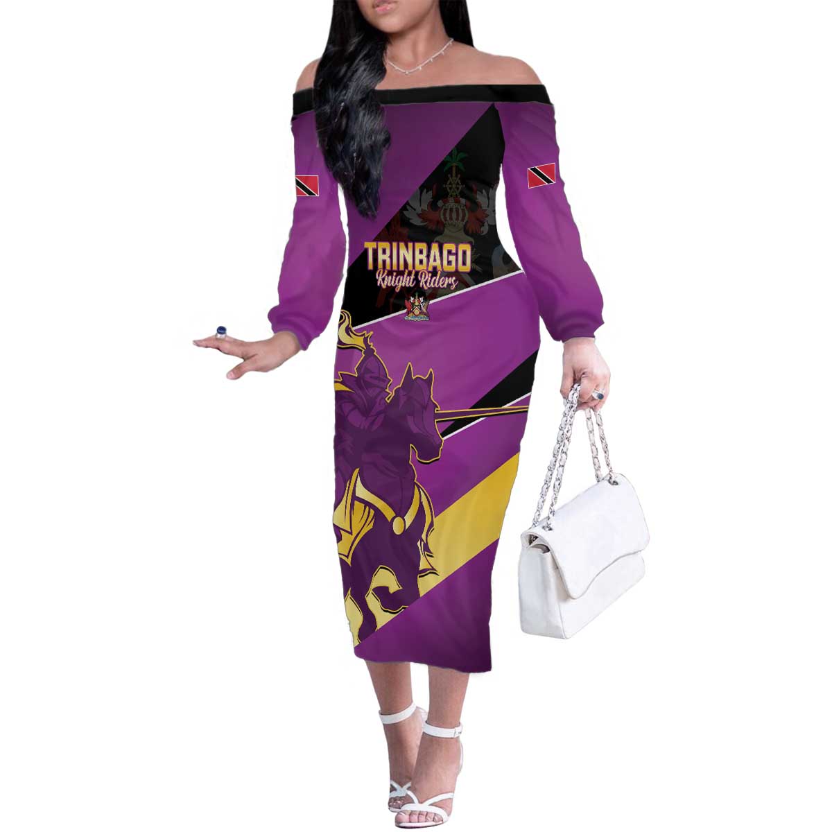 Custom Trinidad and Tobago Cricket Family Matching Off The Shoulder Long Sleeve Dress and Hawaiian Shirt Come On Knight Riders Purple Version