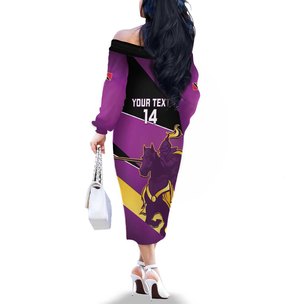 Custom Trinidad and Tobago Cricket Family Matching Off The Shoulder Long Sleeve Dress and Hawaiian Shirt Come On Knight Riders Purple Version