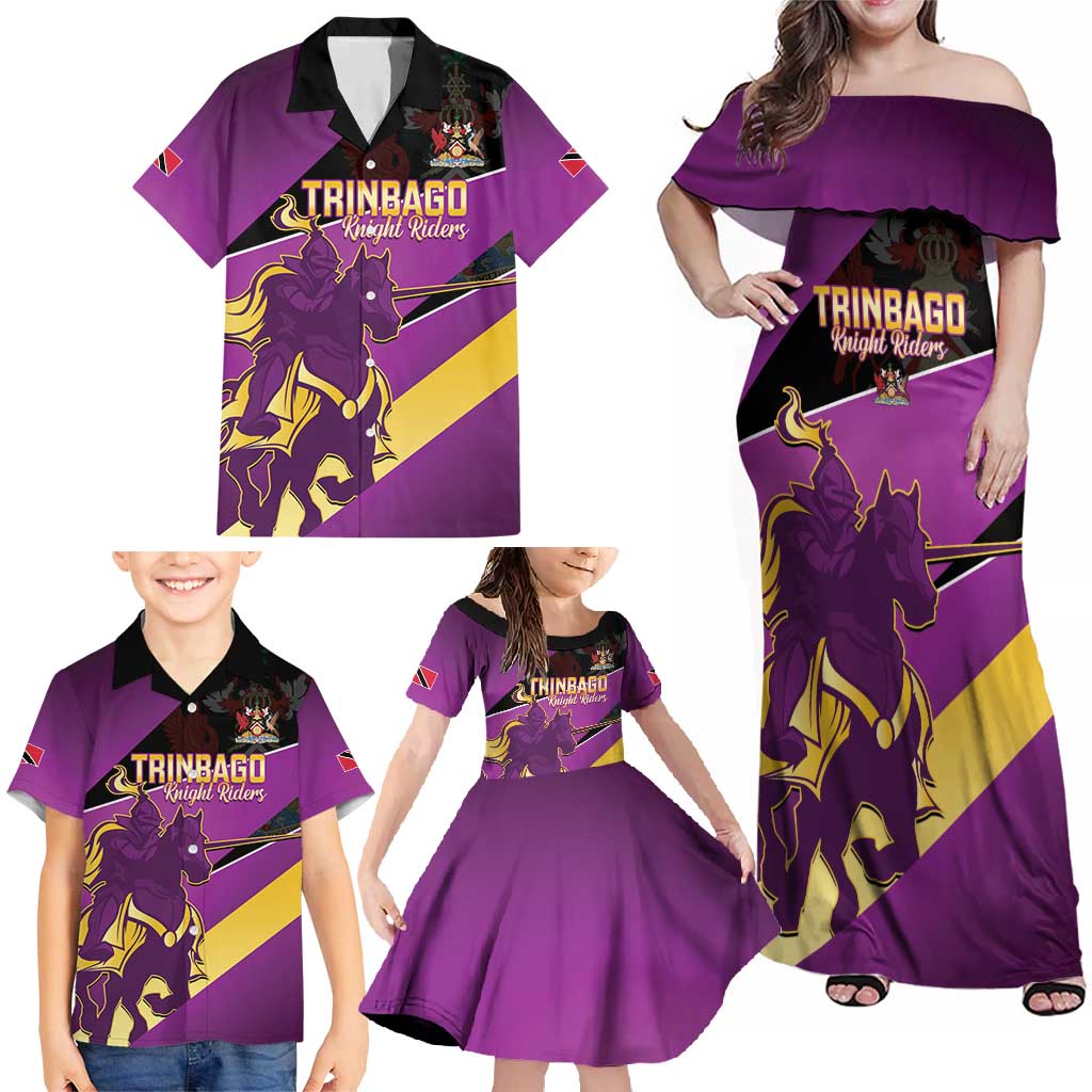 Custom Trinidad and Tobago Cricket Family Matching Off Shoulder Maxi Dress and Hawaiian Shirt Come On Knight Riders Purple Version