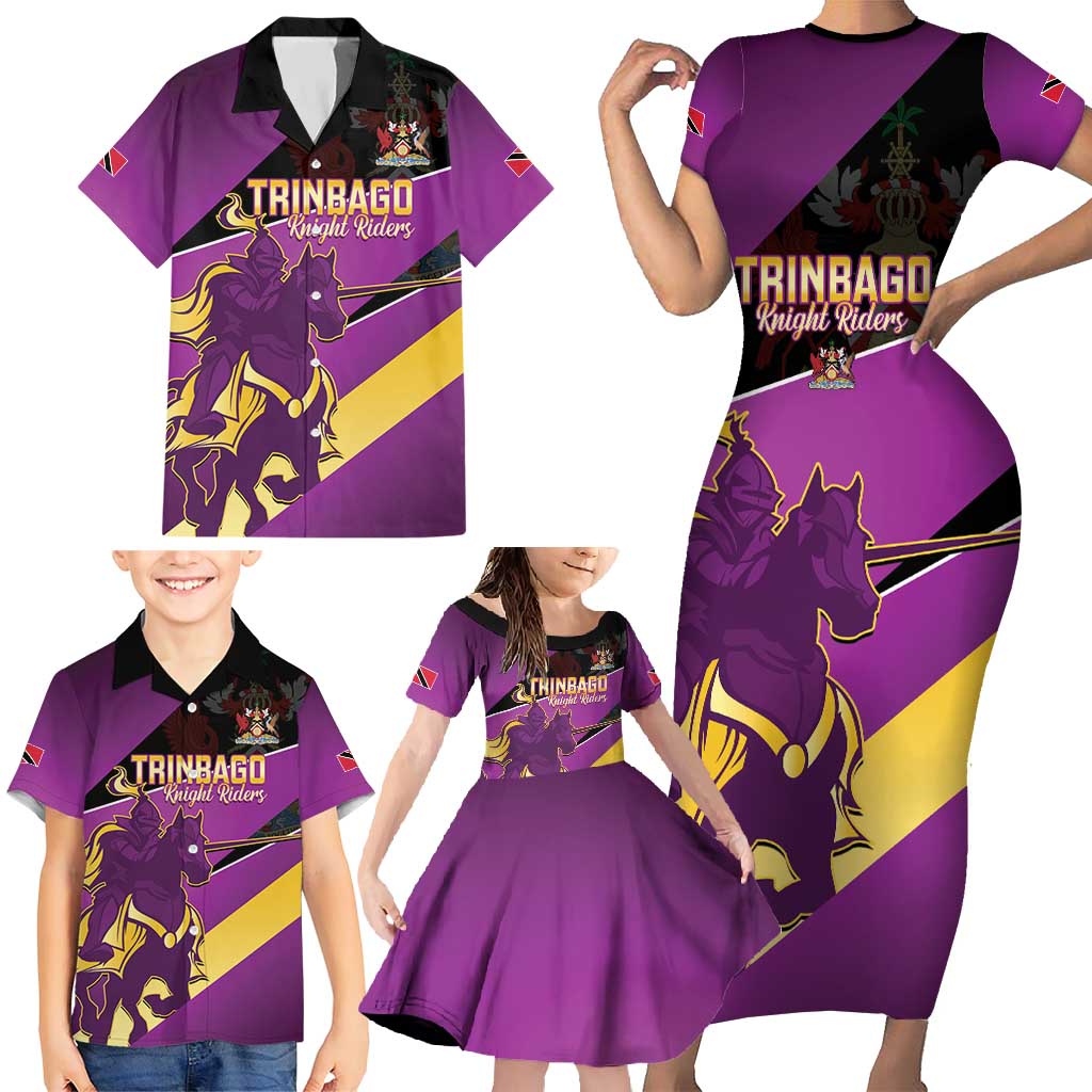 Custom Trinidad and Tobago Cricket Family Matching Short Sleeve Bodycon Dress and Hawaiian Shirt Come On Knight Riders Purple Version