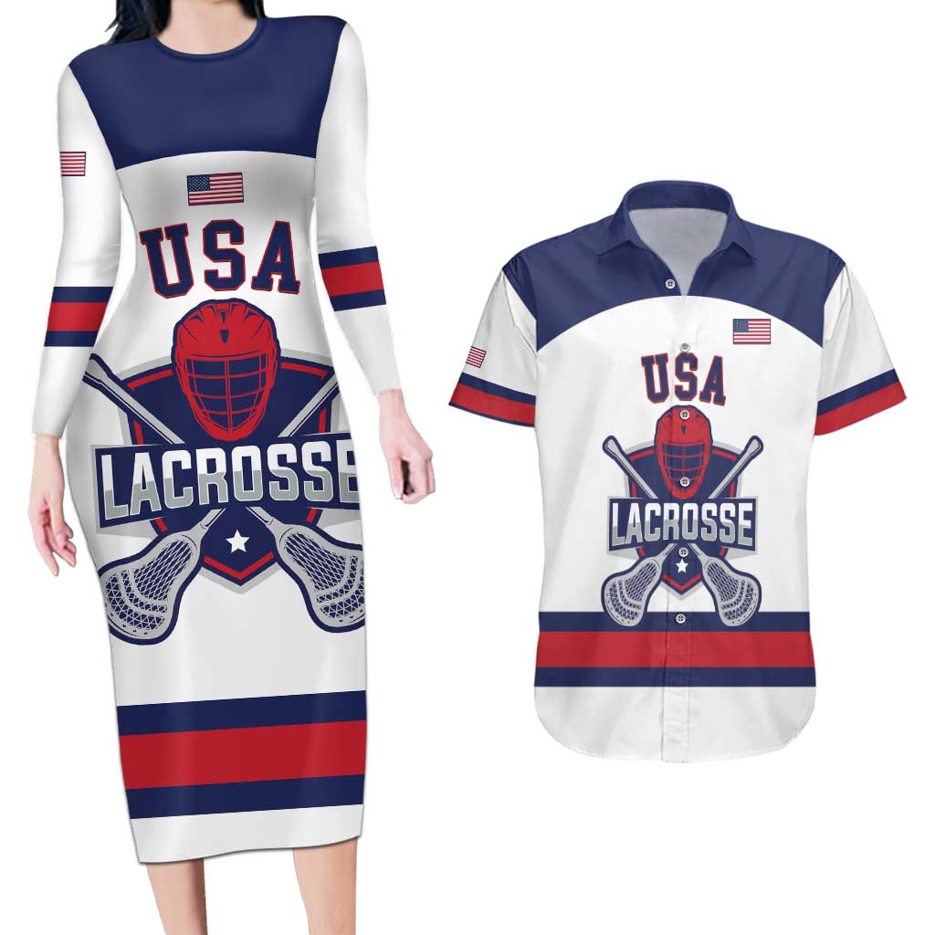 Custom United States Lacrosse Couples Matching Long Sleeve Bodycon Dress and Hawaiian Shirt Go Champions White Version
