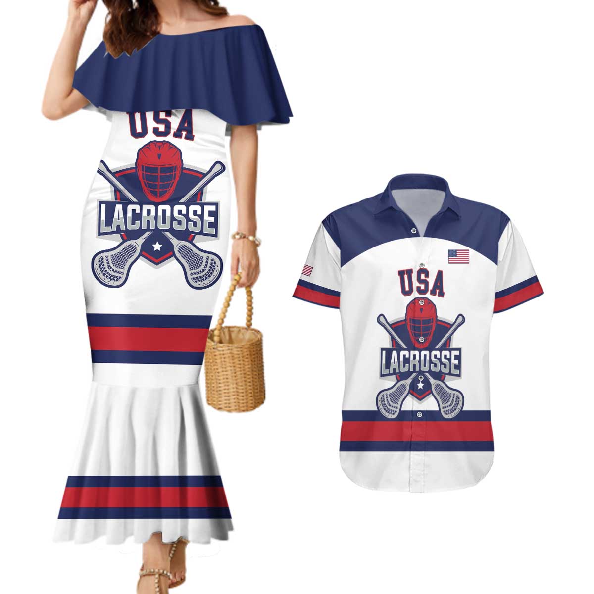 Custom United States Lacrosse Couples Matching Mermaid Dress and Hawaiian Shirt Go Champions White Version