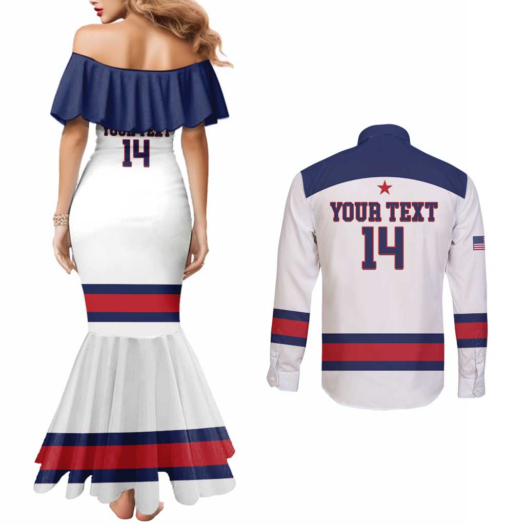 Custom United States Lacrosse Couples Matching Mermaid Dress and Long Sleeve Button Shirt Go Champions White Version