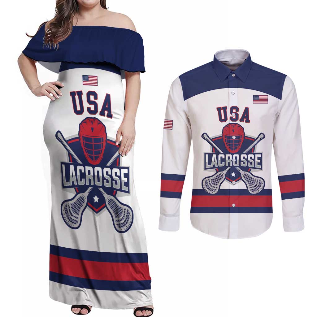 Custom United States Lacrosse Couples Matching Off Shoulder Maxi Dress and Long Sleeve Button Shirt Go Champions White Version