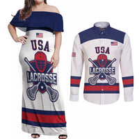 Custom United States Lacrosse Couples Matching Off Shoulder Maxi Dress and Long Sleeve Button Shirt Go Champions White Version