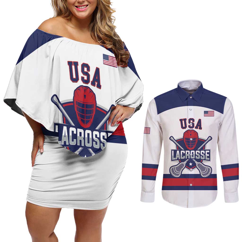 Custom United States Lacrosse Couples Matching Off Shoulder Short Dress and Long Sleeve Button Shirt Go Champions White Version