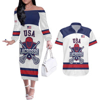 Custom United States Lacrosse Couples Matching Off The Shoulder Long Sleeve Dress and Hawaiian Shirt Go Champions White Version
