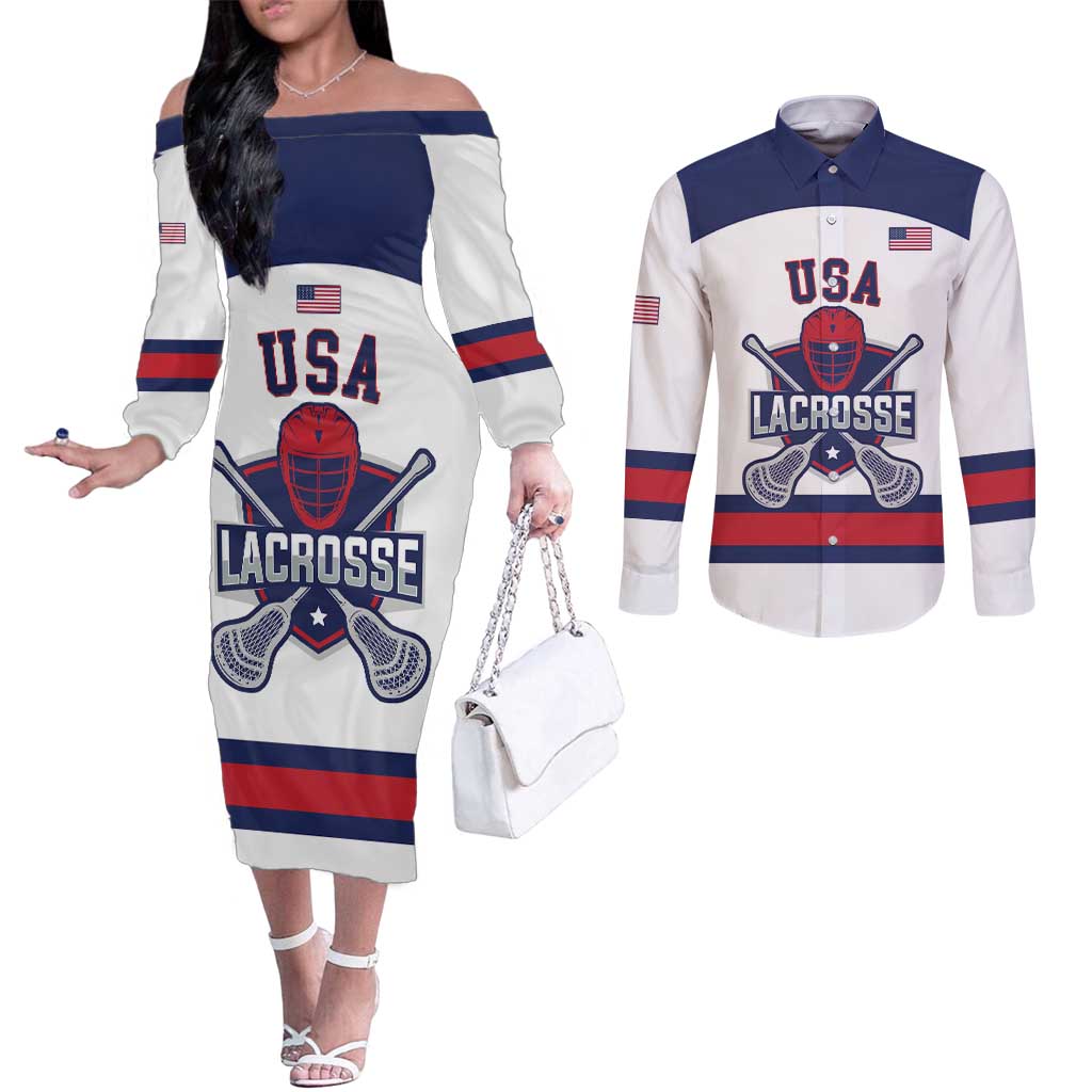 Custom United States Lacrosse Couples Matching Off The Shoulder Long Sleeve Dress and Long Sleeve Button Shirt Go Champions White Version