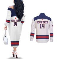 Custom United States Lacrosse Couples Matching Off The Shoulder Long Sleeve Dress and Long Sleeve Button Shirt Go Champions White Version