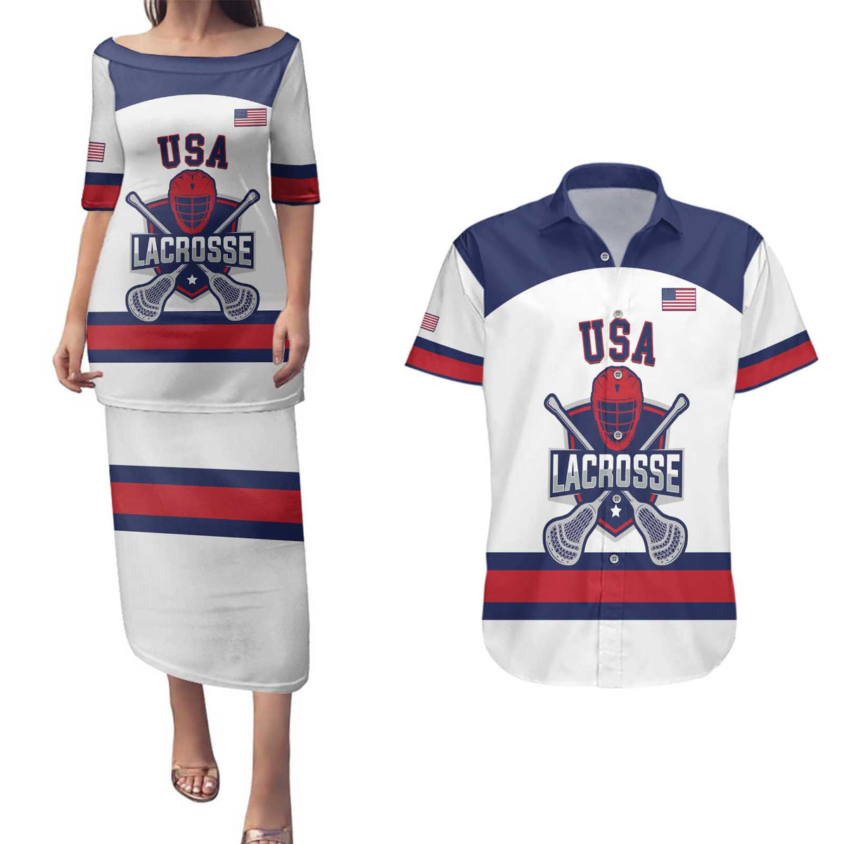 Custom United States Lacrosse Couples Matching Puletasi and Hawaiian Shirt Go Champions White Version