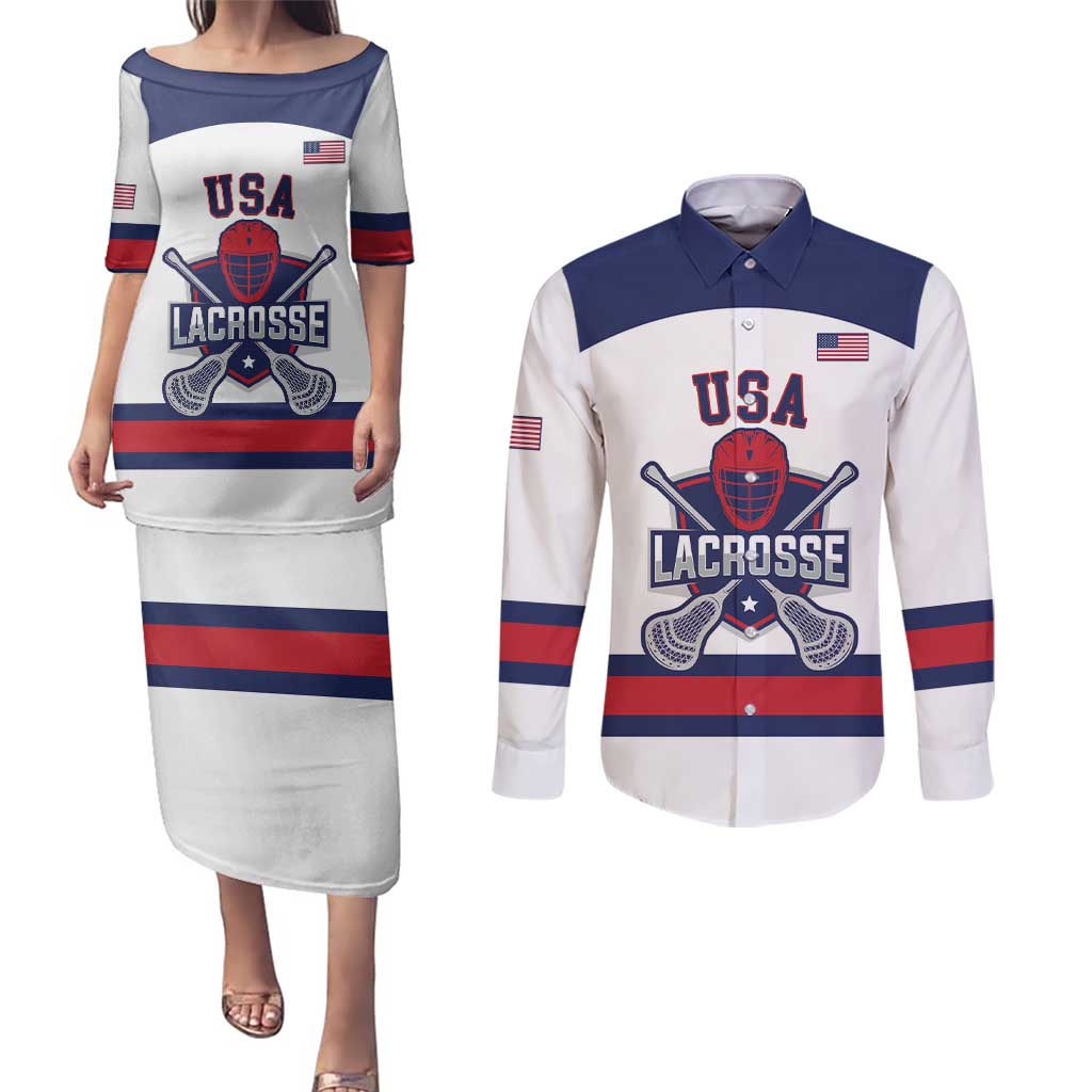 Custom United States Lacrosse Couples Matching Puletasi and Long Sleeve Button Shirt Go Champions White Version