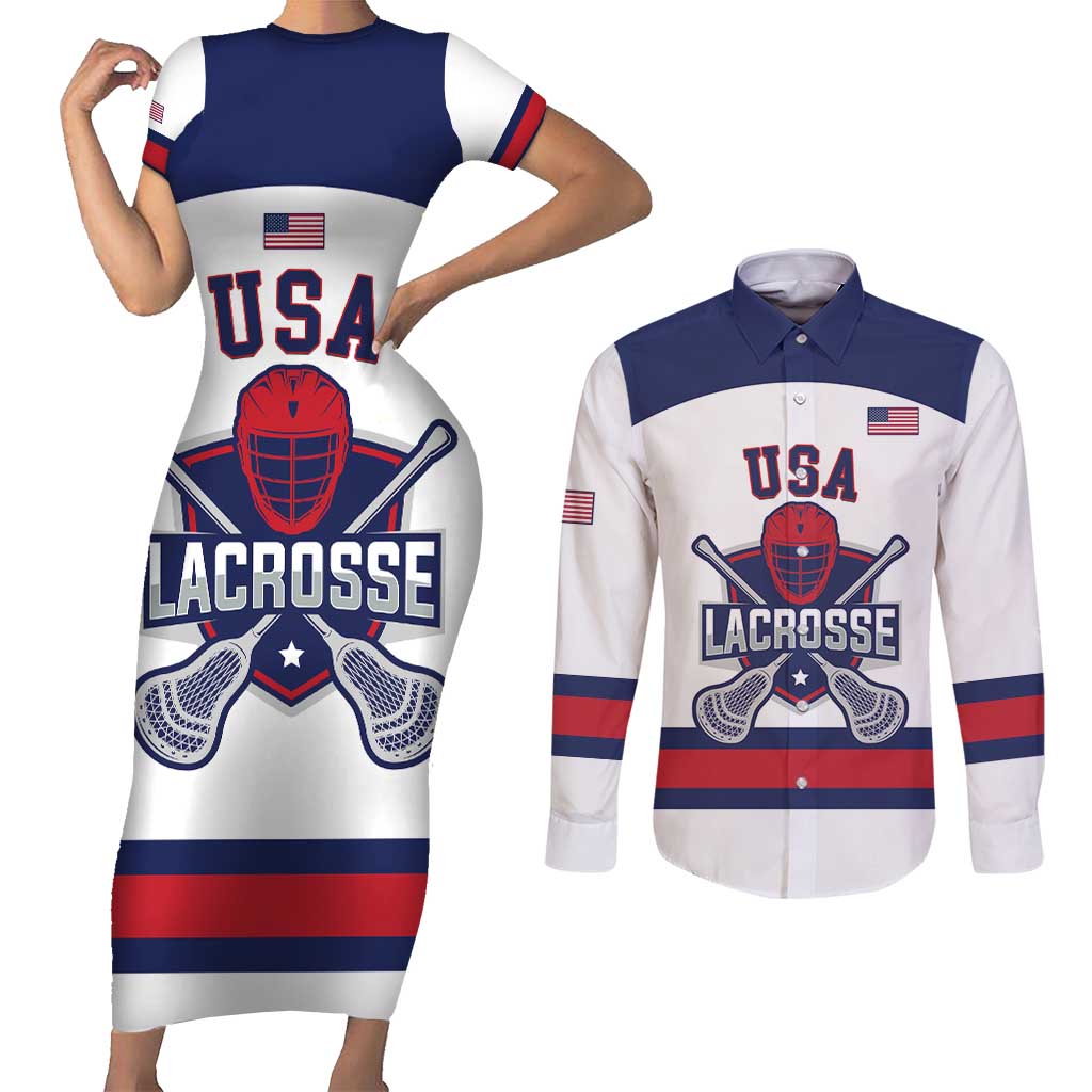 Custom United States Lacrosse Couples Matching Short Sleeve Bodycon Dress and Long Sleeve Button Shirt Go Champions White Version