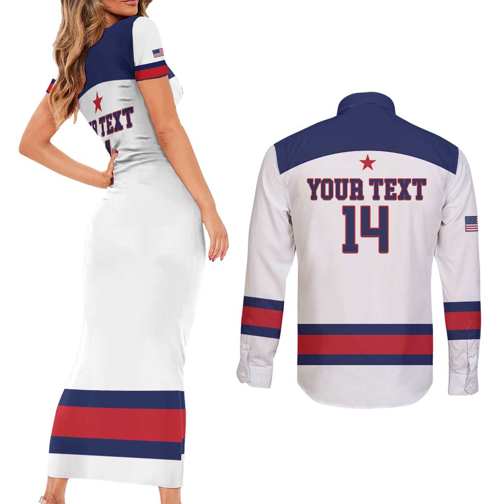 Custom United States Lacrosse Couples Matching Short Sleeve Bodycon Dress and Long Sleeve Button Shirt Go Champions White Version