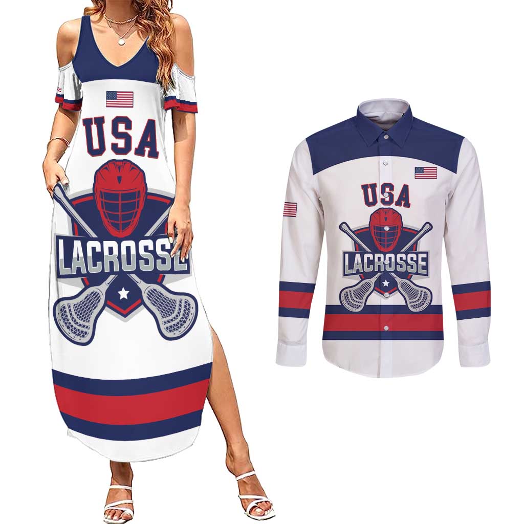 Custom United States Lacrosse Couples Matching Summer Maxi Dress and Long Sleeve Button Shirt Go Champions White Version