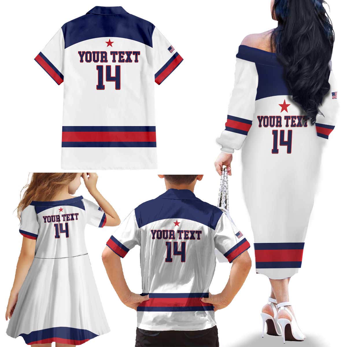 Custom United States Lacrosse Family Matching Off The Shoulder Long Sleeve Dress and Hawaiian Shirt Go Champions White Version