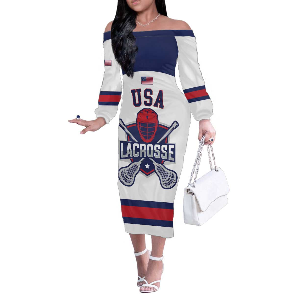 Custom United States Lacrosse Family Matching Off The Shoulder Long Sleeve Dress and Hawaiian Shirt Go Champions White Version