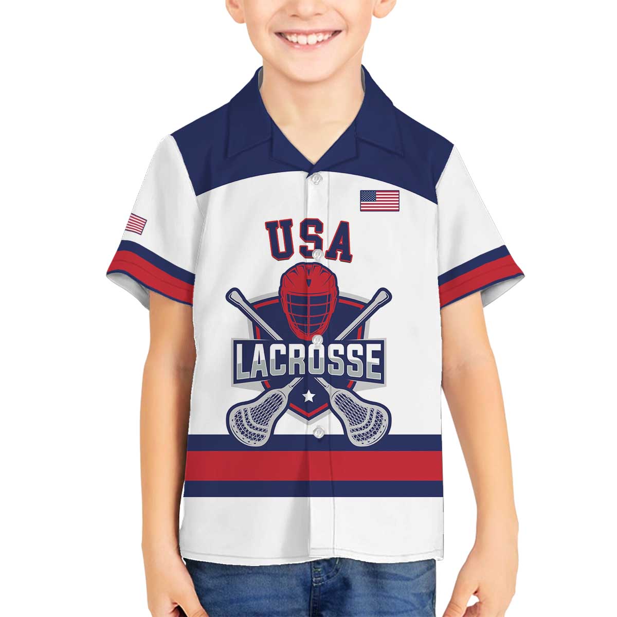 Custom United States Lacrosse Family Matching Off The Shoulder Long Sleeve Dress and Hawaiian Shirt Go Champions White Version