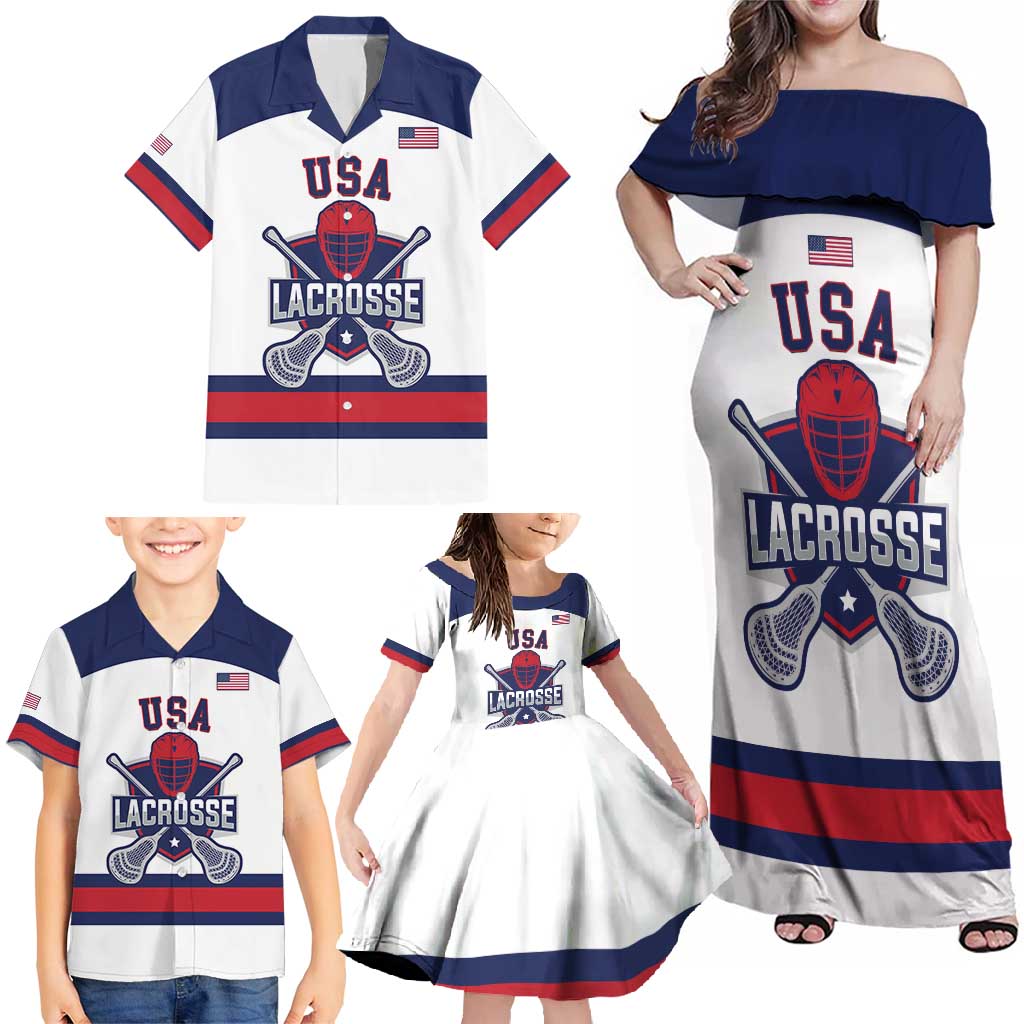Custom United States Lacrosse Family Matching Off Shoulder Maxi Dress and Hawaiian Shirt Go Champions White Version