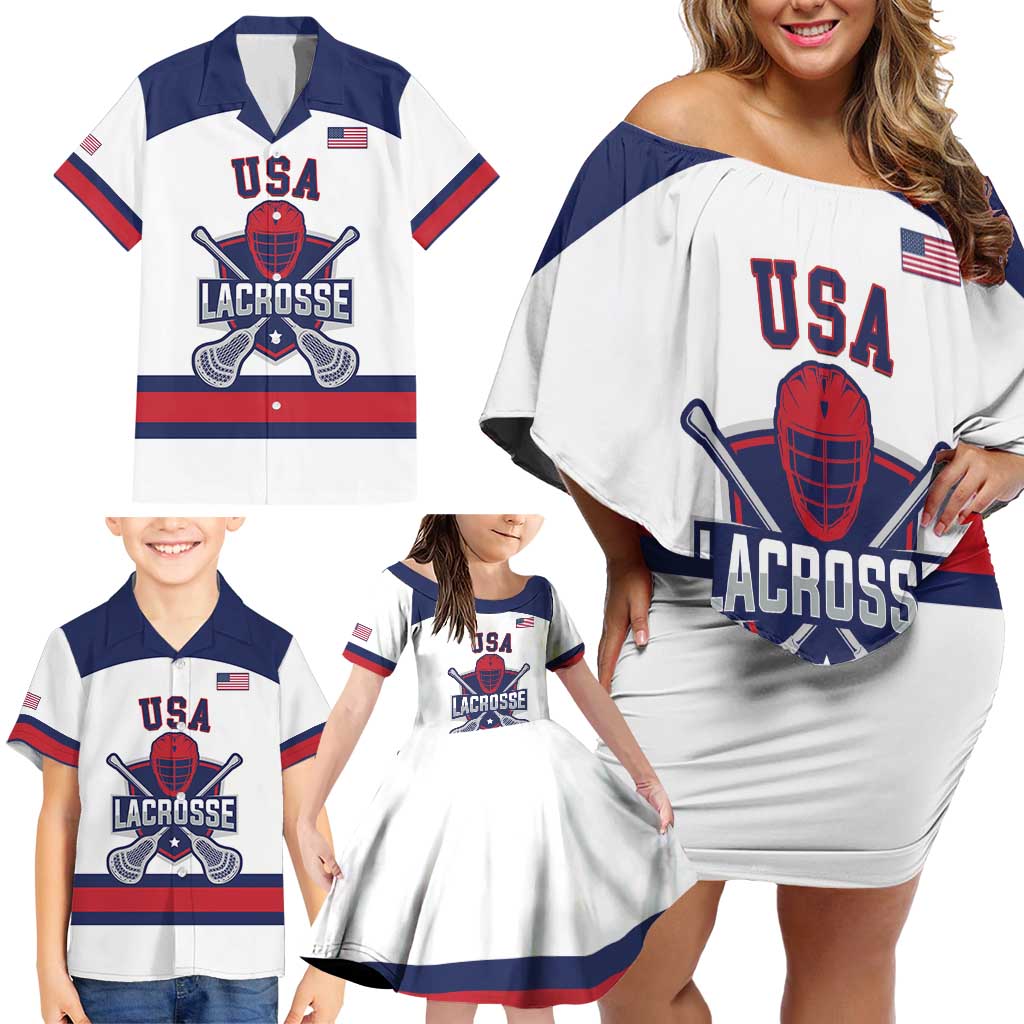 Custom United States Lacrosse Family Matching Off Shoulder Short Dress and Hawaiian Shirt Go Champions White Version