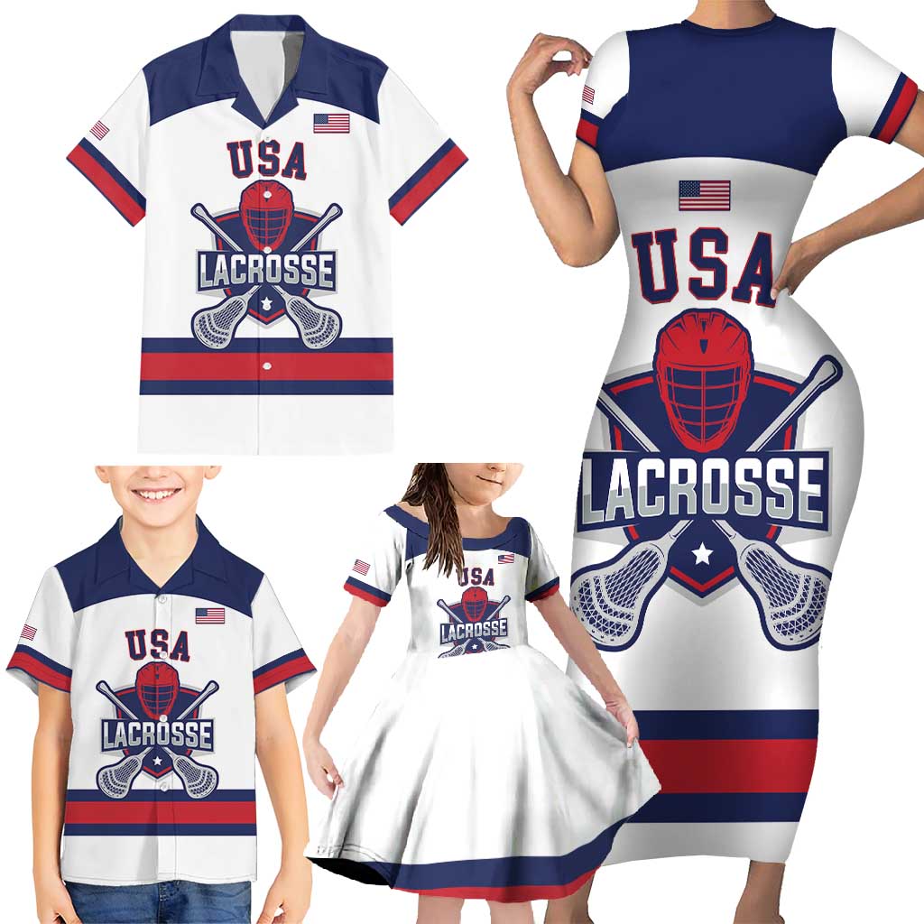 Custom United States Lacrosse Family Matching Short Sleeve Bodycon Dress and Hawaiian Shirt Go Champions White Version