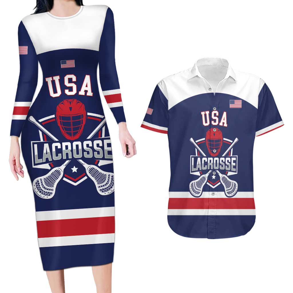Custom United States Lacrosse Couples Matching Long Sleeve Bodycon Dress and Hawaiian Shirt Go Champions Blue Version