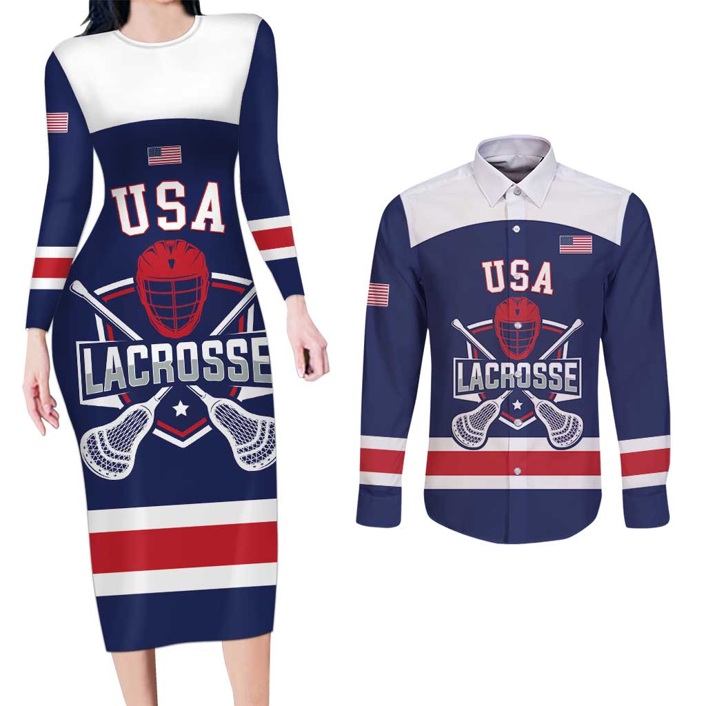 Custom United States Lacrosse Couples Matching Long Sleeve Bodycon Dress and Long Sleeve Button Shirt Go Champions Blue Version