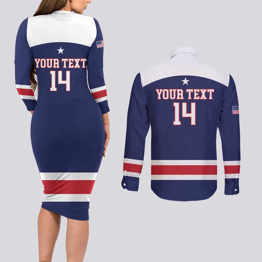 Custom United States Lacrosse Couples Matching Long Sleeve Bodycon Dress and Long Sleeve Button Shirt Go Champions Blue Version