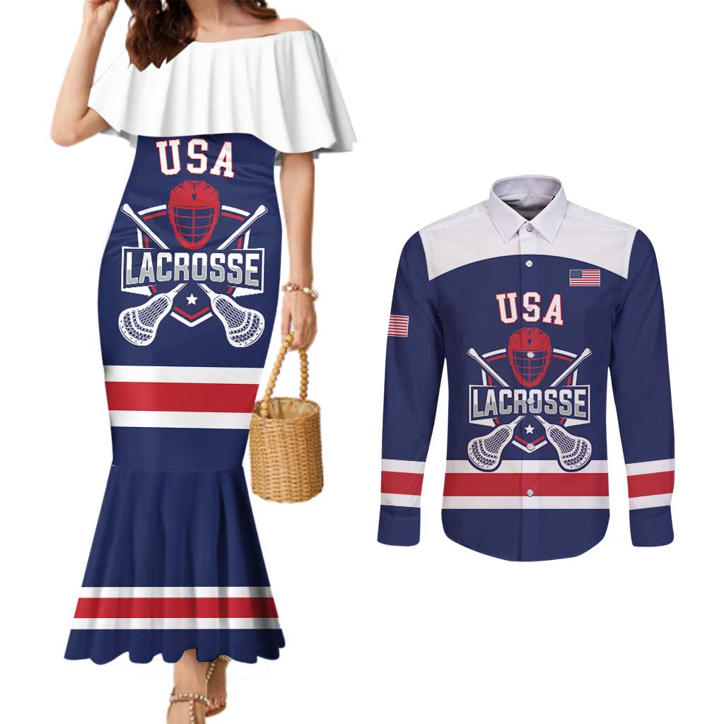 Custom United States Lacrosse Couples Matching Mermaid Dress and Long Sleeve Button Shirt Go Champions Blue Version