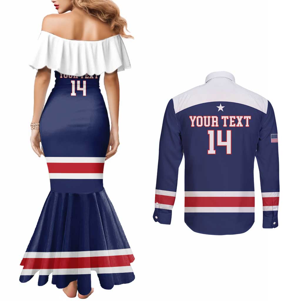 Custom United States Lacrosse Couples Matching Mermaid Dress and Long Sleeve Button Shirt Go Champions Blue Version